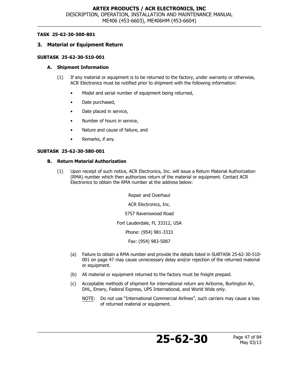 Material or equipment return, A. shipment information, B. return material authorization | ACR&Artex ME406 ACE ELT User Manual | Page 47 / 84