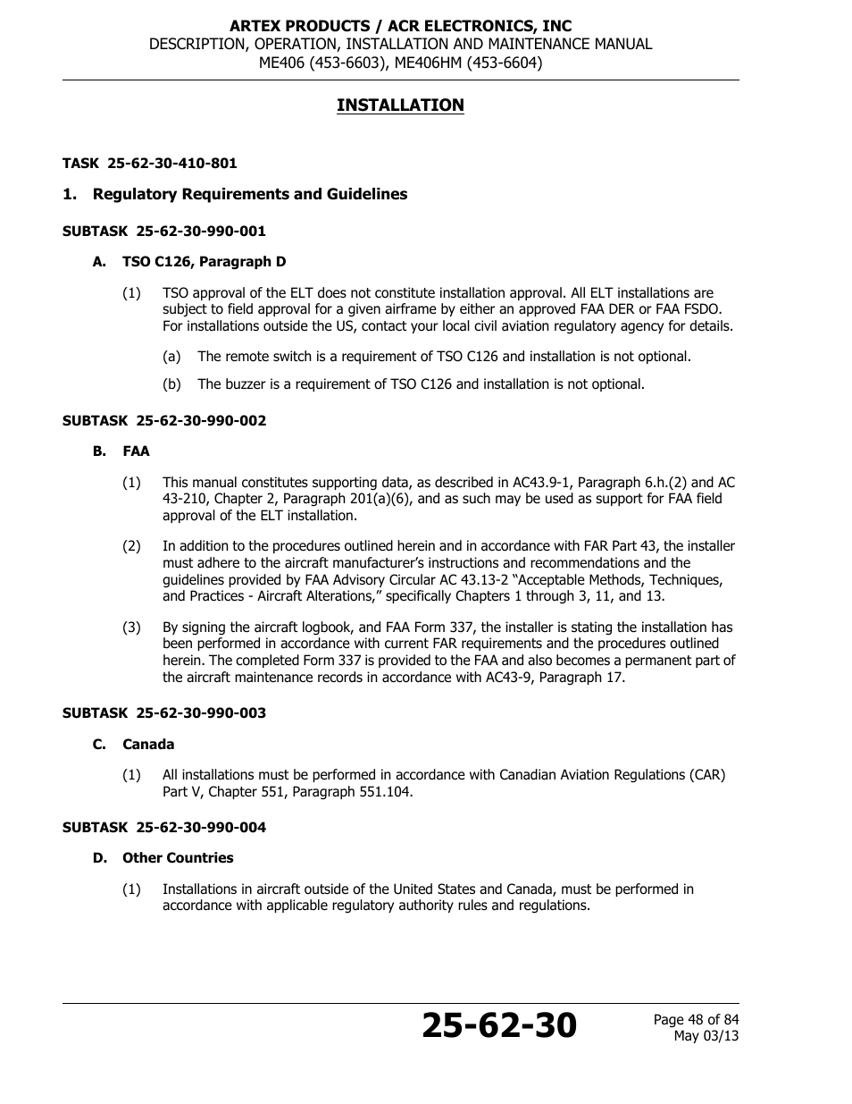 Installation, Regulatory requirements and guidelines, A. tso c126, paragraph d | B. faa, C. canada, D. other countries | ACR&Artex ME406 ACE ELT User Manual | Page 48 / 84