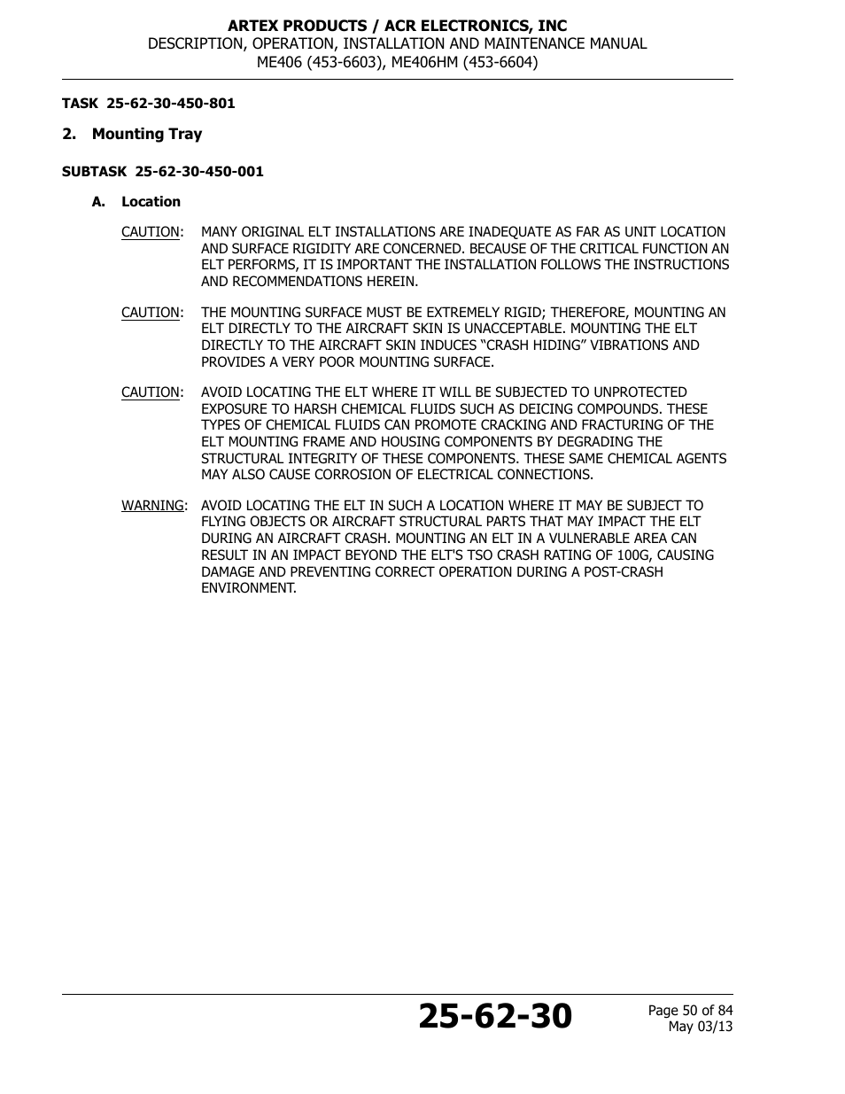 Mounting tray, A. location | ACR&Artex ME406 ACE ELT User Manual | Page 50 / 84