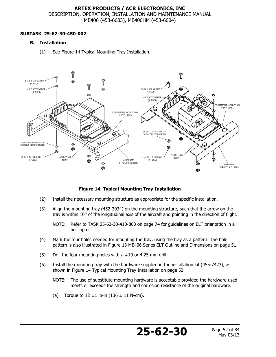 B. installation, Figure 14 typical mounting tray installation | ACR&Artex ME406 ACE ELT User Manual | Page 52 / 84