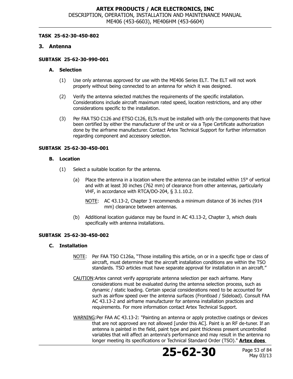Antenna, A. selection, B. location | C. installation | ACR&Artex ME406 ACE ELT User Manual | Page 53 / 84