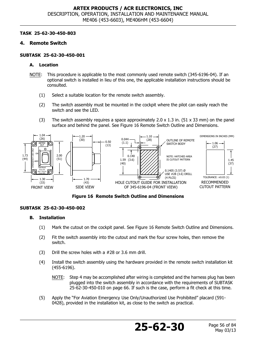 Remote switch, A. location, Figure 16 remote switch outline and dimensions | B. installation | ACR&Artex ME406 ACE ELT User Manual | Page 56 / 84