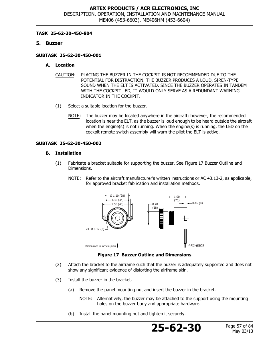 Buzzer, A. location, B. installation | Figure 17 buzzer outline and dimensions | ACR&Artex ME406 ACE ELT User Manual | Page 57 / 84