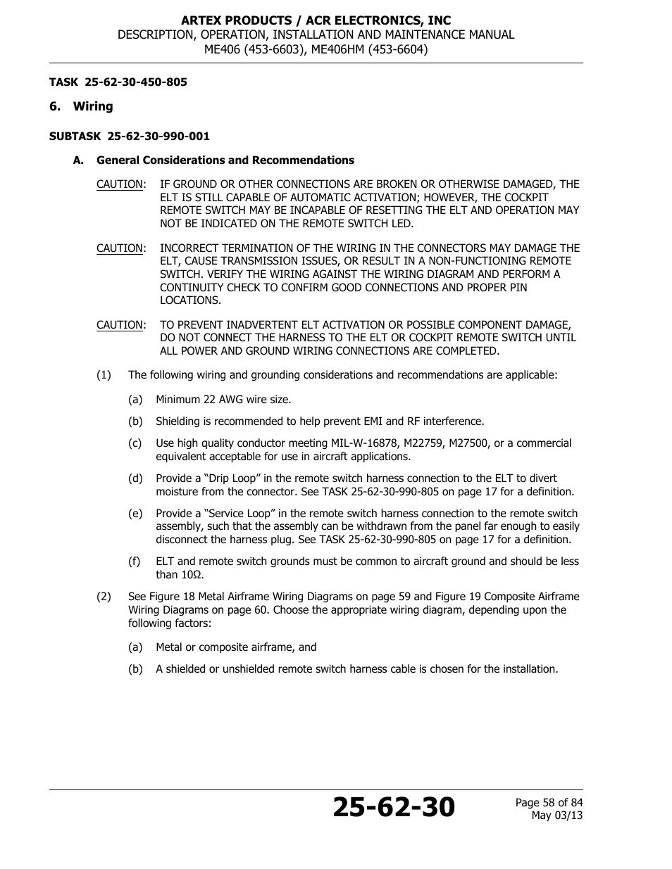 Wiring, A. general considerations and recommendations | ACR&Artex ME406 ACE ELT User Manual | Page 58 / 84