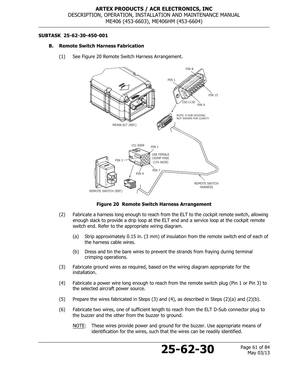 B. remote switch harness fabrication, Figure 20 remote switch harness arrangement | ACR&Artex ME406 ACE ELT User Manual | Page 61 / 84