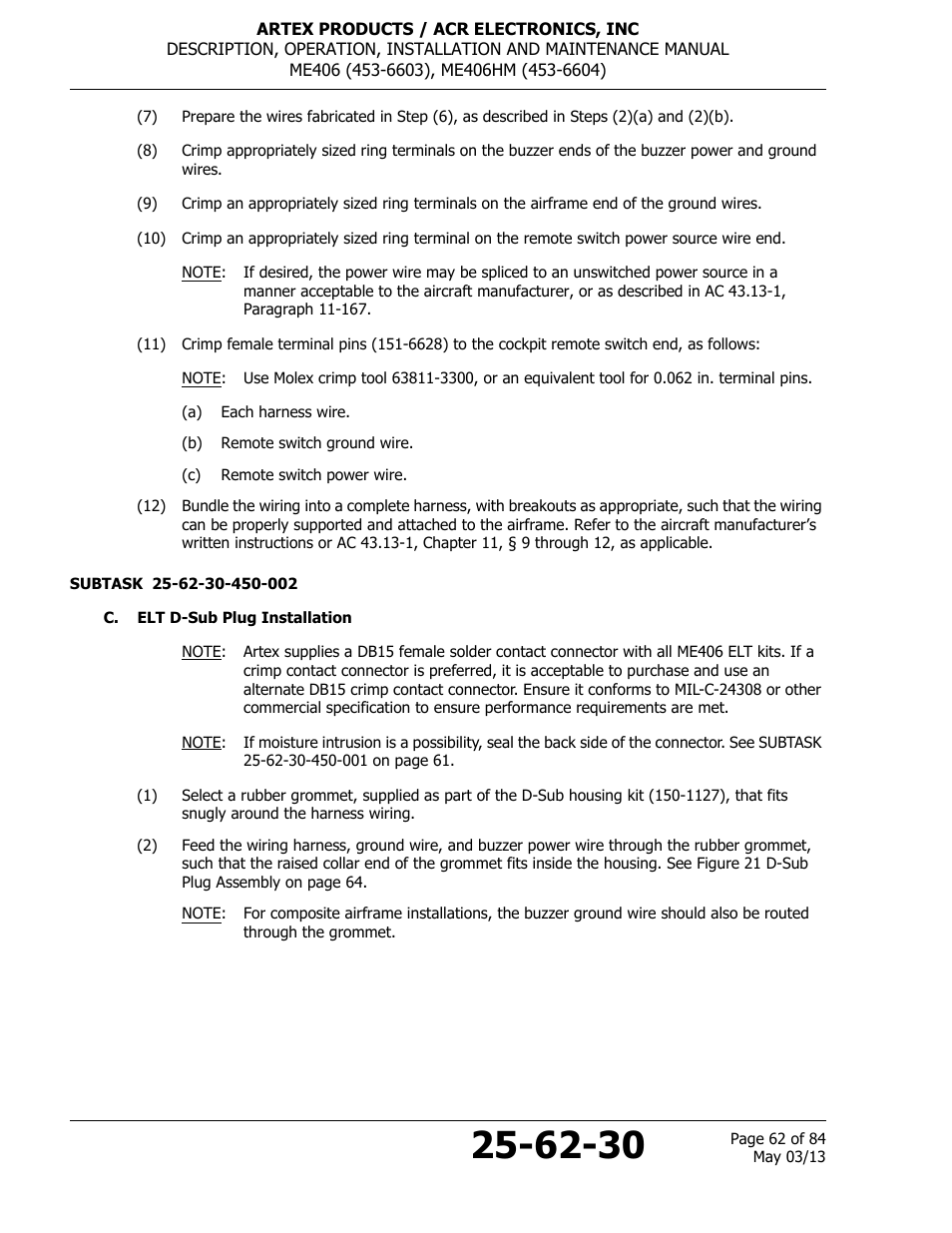 C. elt d-sub plug installation | ACR&Artex ME406 ACE ELT User Manual | Page 62 / 84