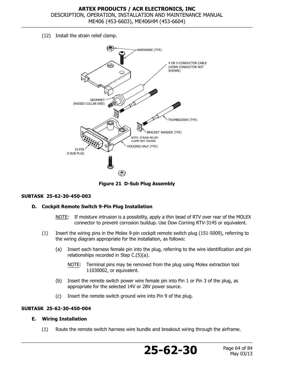 Figure 21 d-sub plug assembly, D. cockpit remote switch 9-pin plug installation, E. wiring installation | G. see figure 21 d-sub | ACR&Artex ME406 ACE ELT User Manual | Page 64 / 84