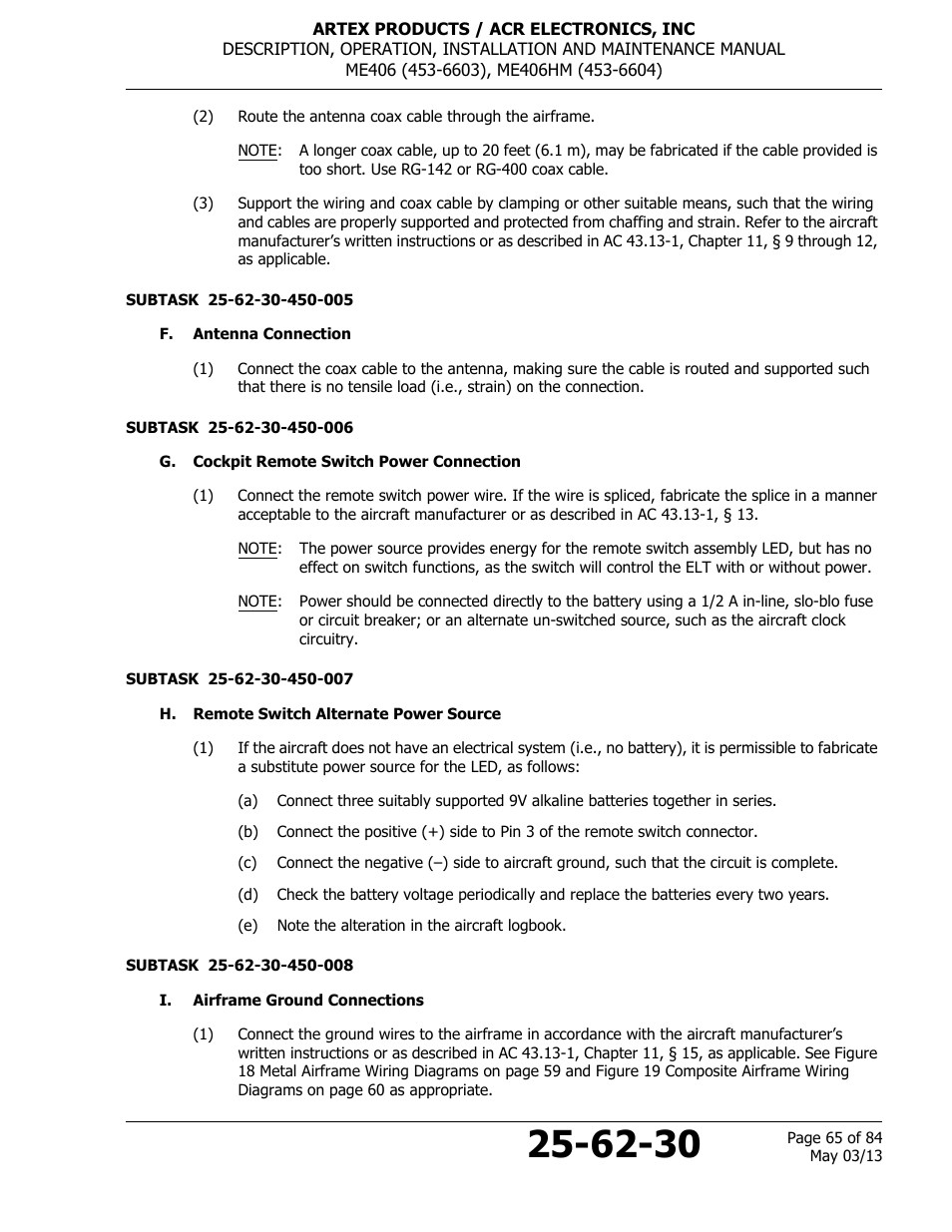 F. antenna connection, G. cockpit remote switch power connection, H. remote switch alternate power source | I. airframe ground connections | ACR&Artex ME406 ACE ELT User Manual | Page 65 / 84