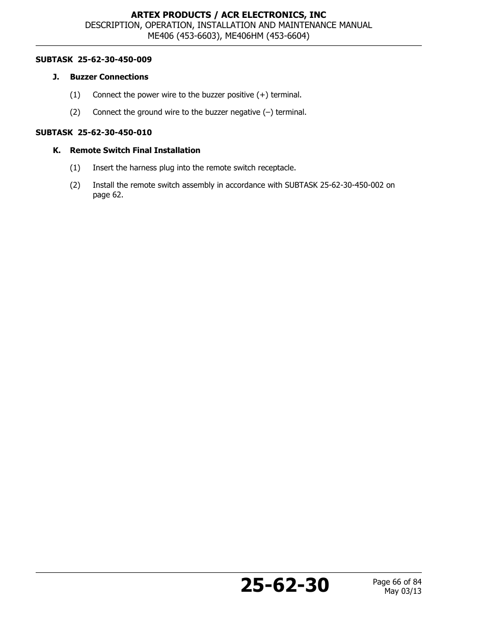 J. buzzer connections, K. remote switch final installation, Subtask | ACR&Artex ME406 ACE ELT User Manual | Page 66 / 84