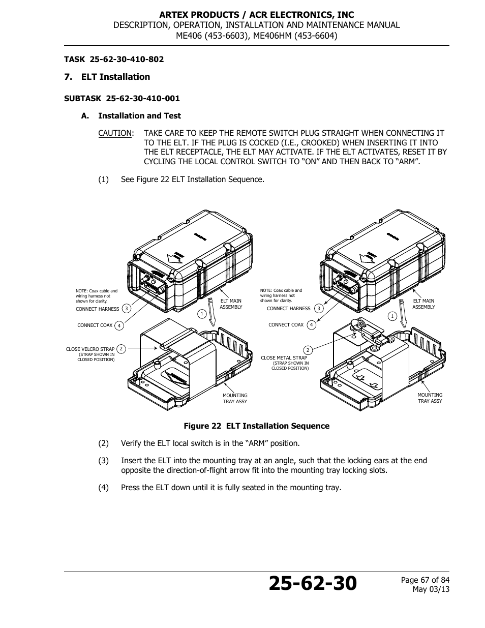 Elt installation, A. installation and test, Figure 22 elt installation sequence | ACR&Artex ME406 ACE ELT User Manual | Page 67 / 84