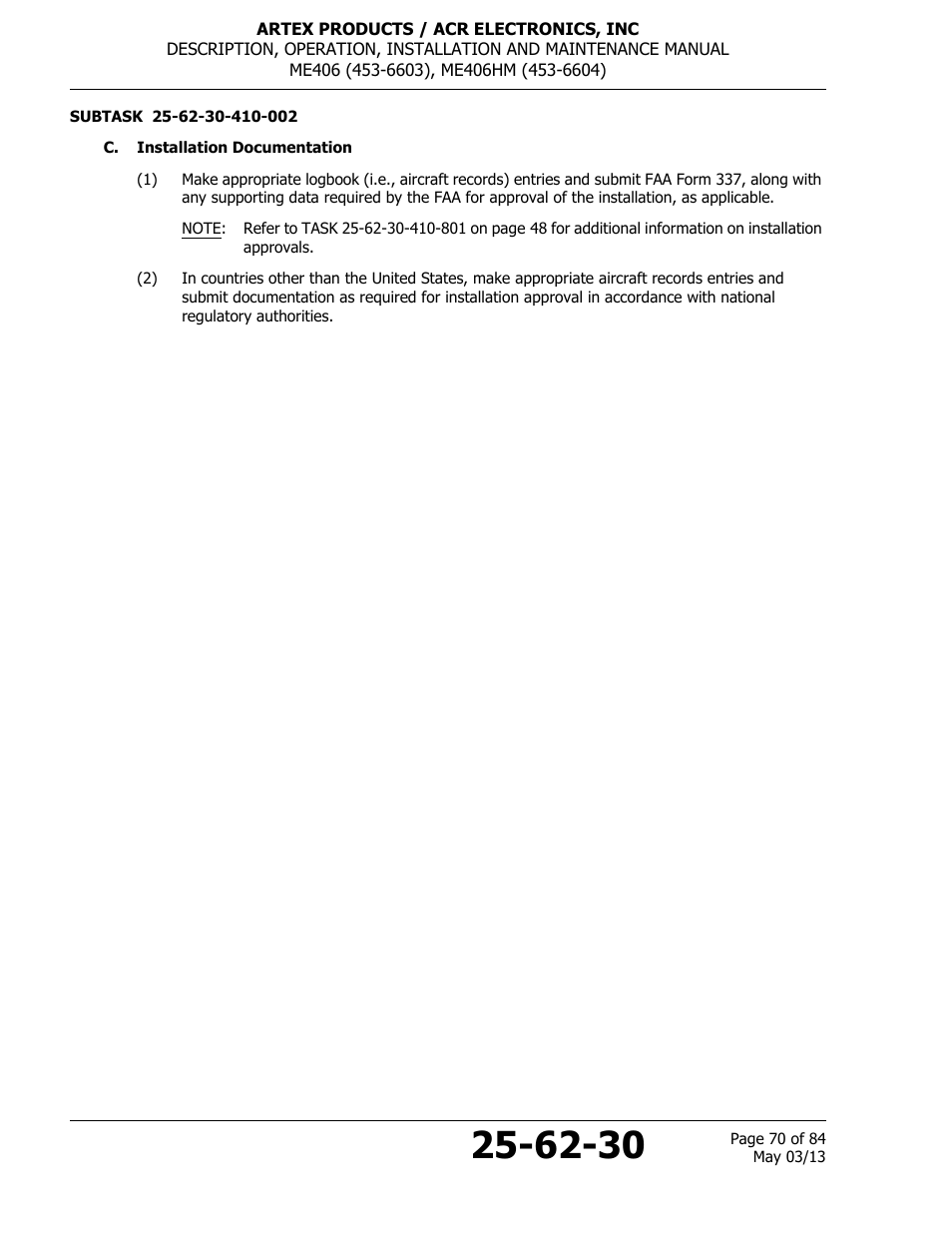 C. installation documentation | ACR&Artex ME406 ACE ELT User Manual | Page 70 / 84