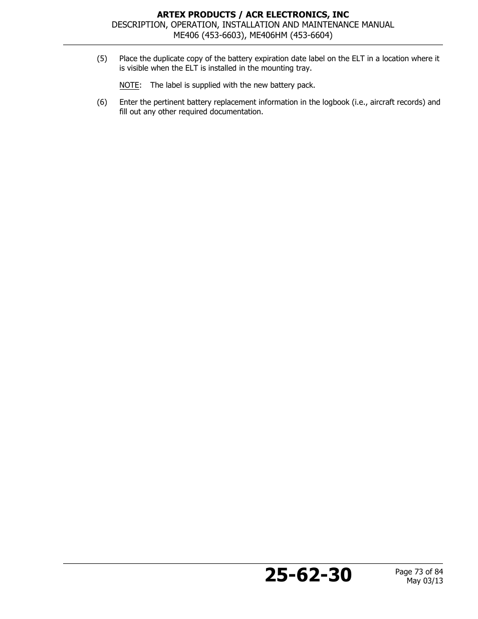 ACR&Artex ME406 ACE ELT User Manual | Page 73 / 84