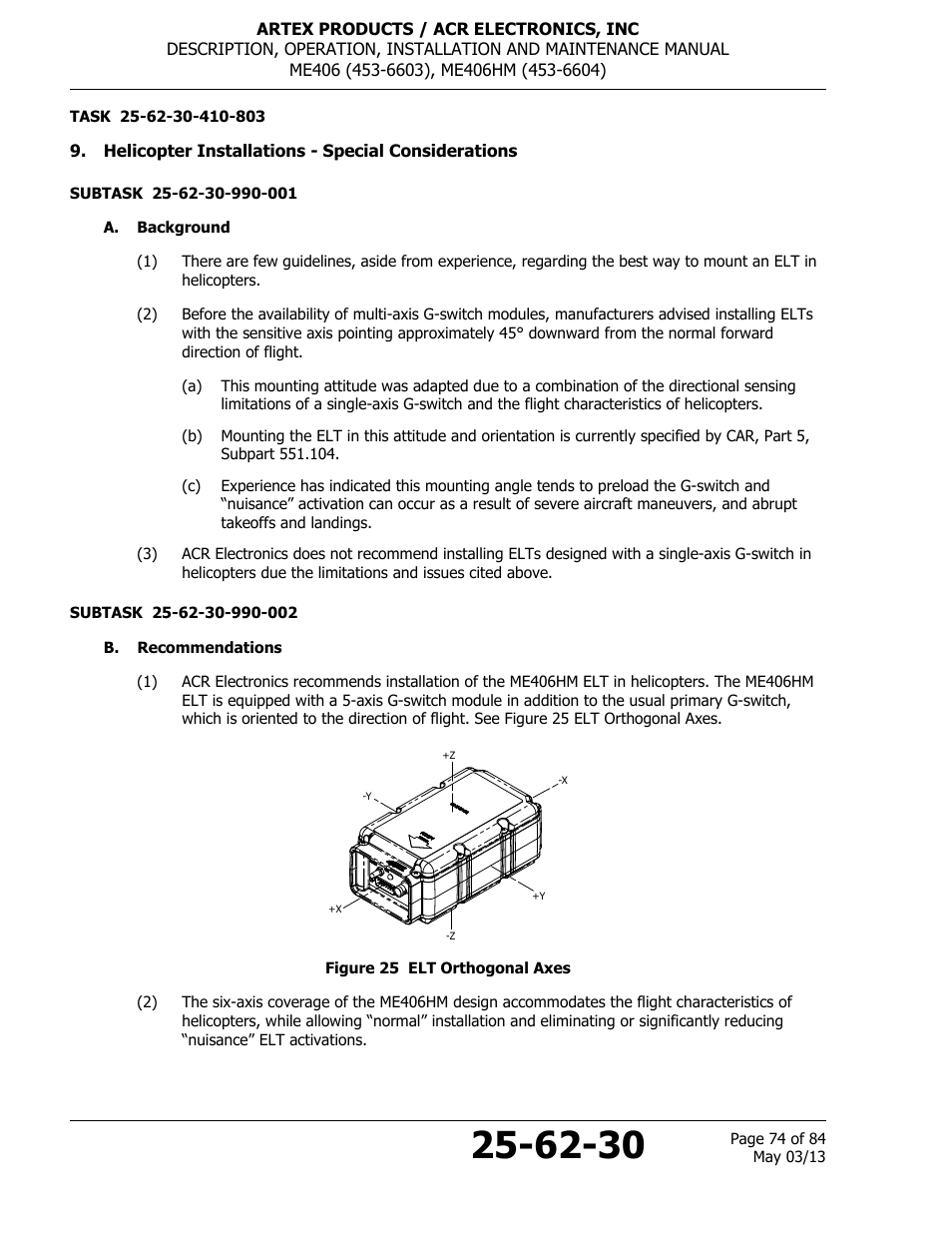 Helicopter installations - special considerations, A. background, B. recommendations | Figure 25 elt orthogonal axes | ACR&Artex ME406 ACE ELT User Manual | Page 74 / 84