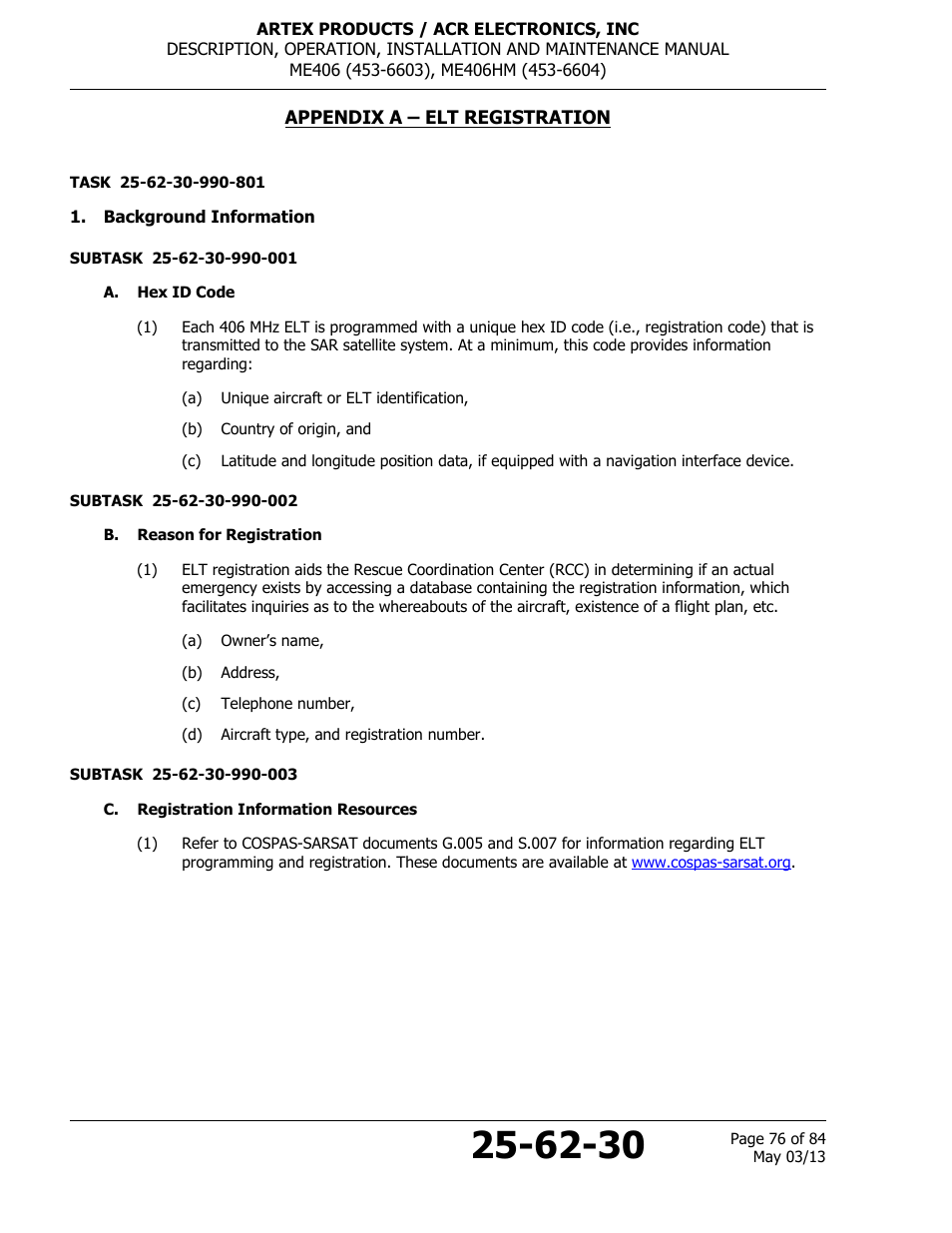 Appendix a – elt registration, Background information, A. hex id code | B. reason for registration, C. registration information resources | ACR&Artex ME406 ACE ELT User Manual | Page 76 / 84