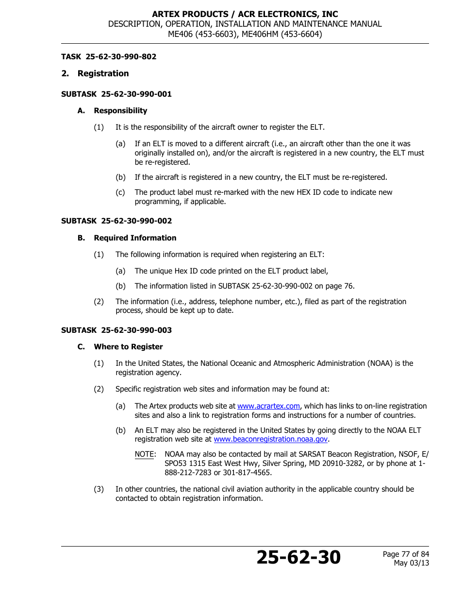 Registration, A. responsibility, B. required information | C. where to register | ACR&Artex ME406 ACE ELT User Manual | Page 77 / 84