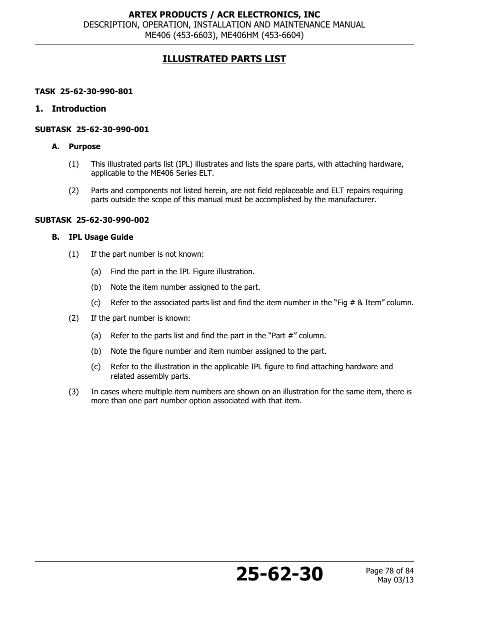 Illustrated parts list, Introduction, A. purpose | B. ipl usage guide | ACR&Artex ME406 ACE ELT User Manual | Page 78 / 84