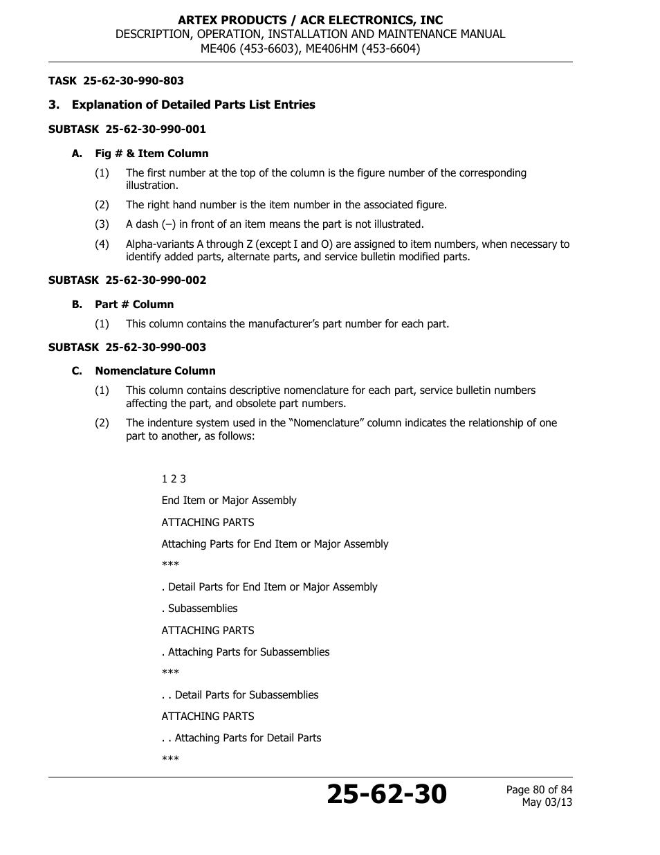 Explanation of detailed parts list entries, A. fig # & item column, B. part # column | C. nomenclature column | ACR&Artex ME406 ACE ELT User Manual | Page 80 / 84