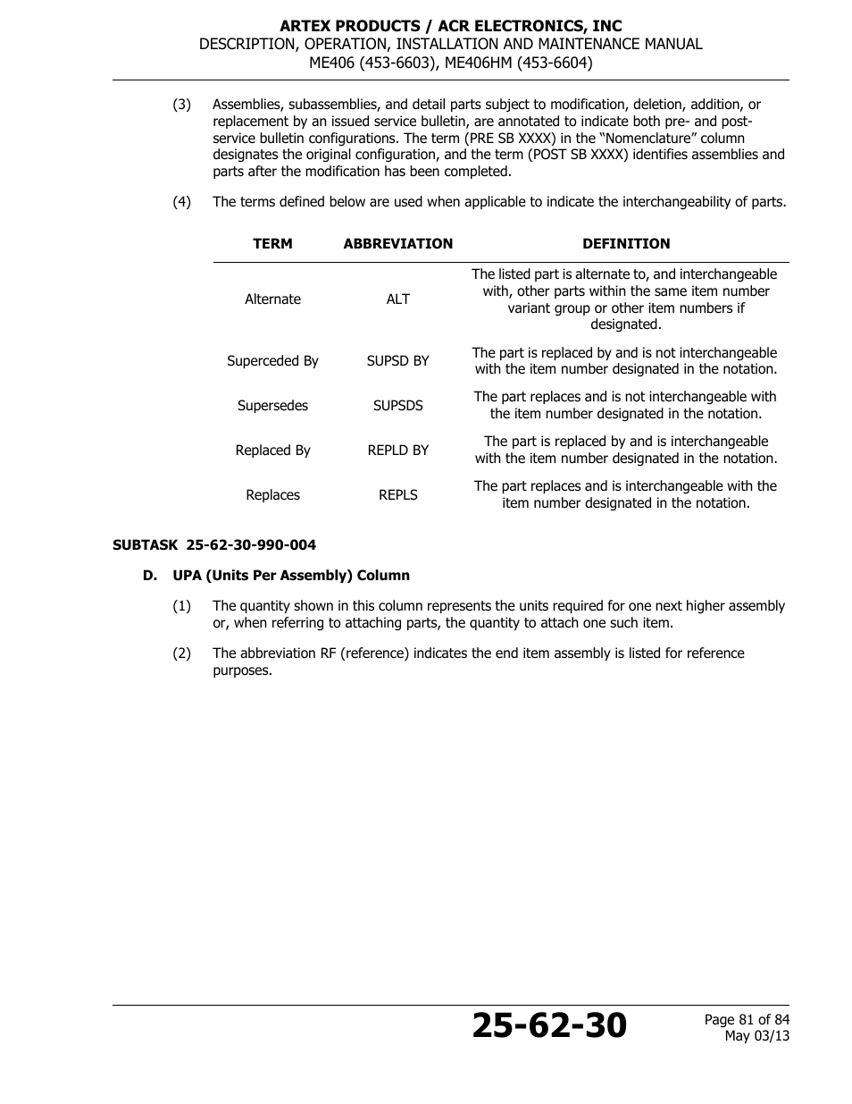 D. upa (units per assembly) column | ACR&Artex ME406 ACE ELT User Manual | Page 81 / 84