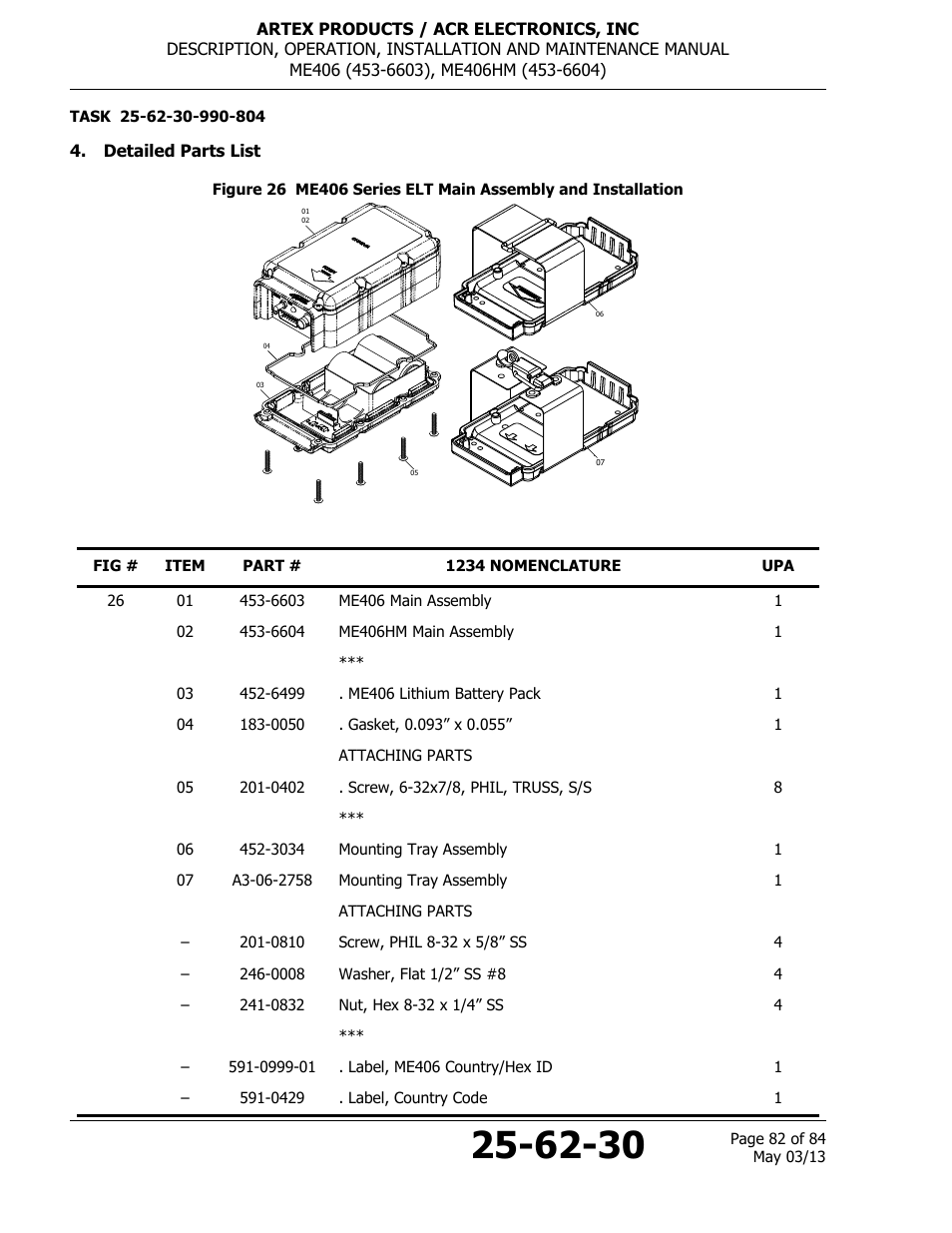 Detailed parts list | ACR&Artex ME406 ACE ELT User Manual | Page 82 / 84