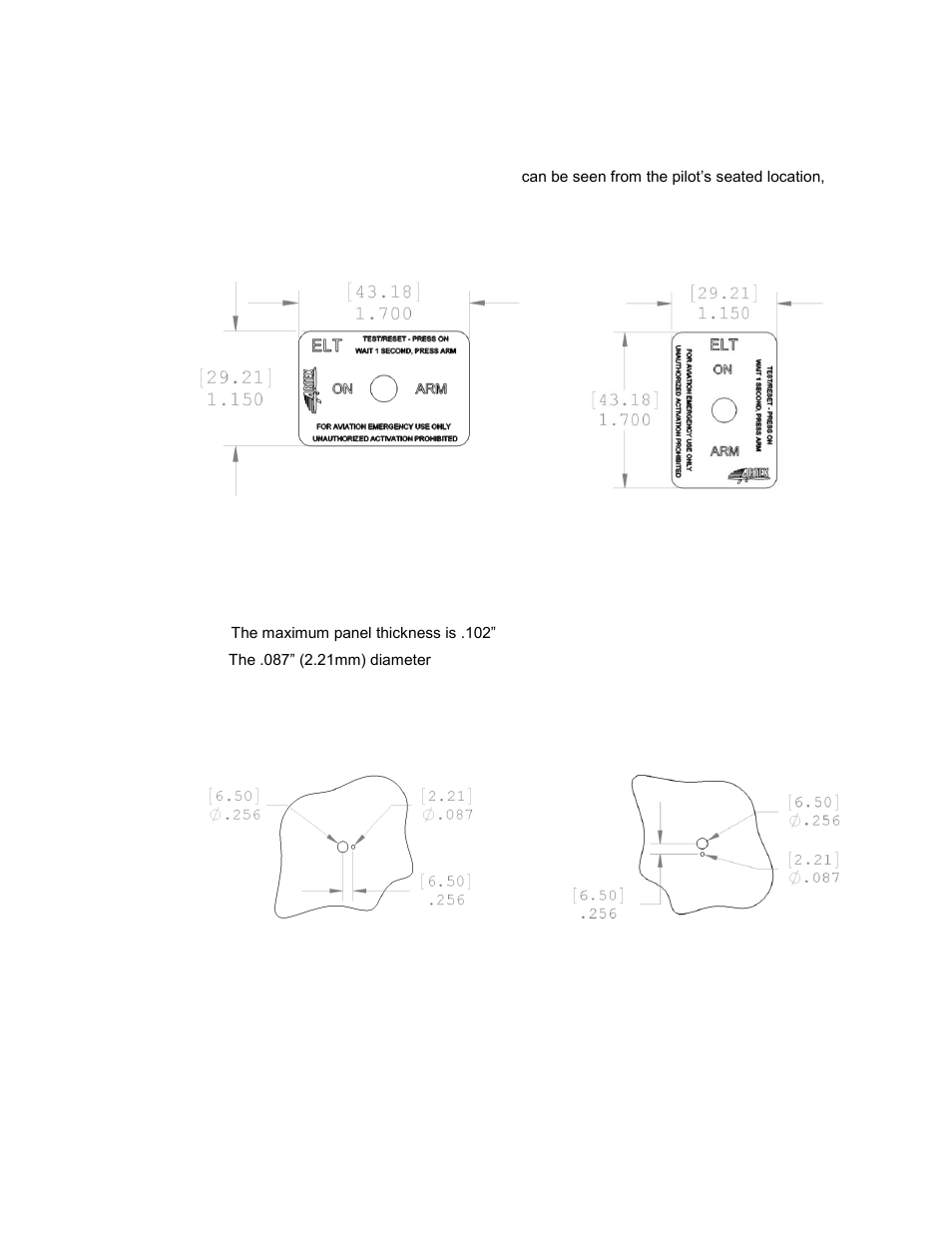 Panel cutout/toggle switch installation, Instructions, Figure 6 : label 591-0037 & 591-0092 | Figure 7 : panel cutout dimensions | ACR&Artex 2-Wire ELT__RSWT Interface User Manual | Page 22 / 30