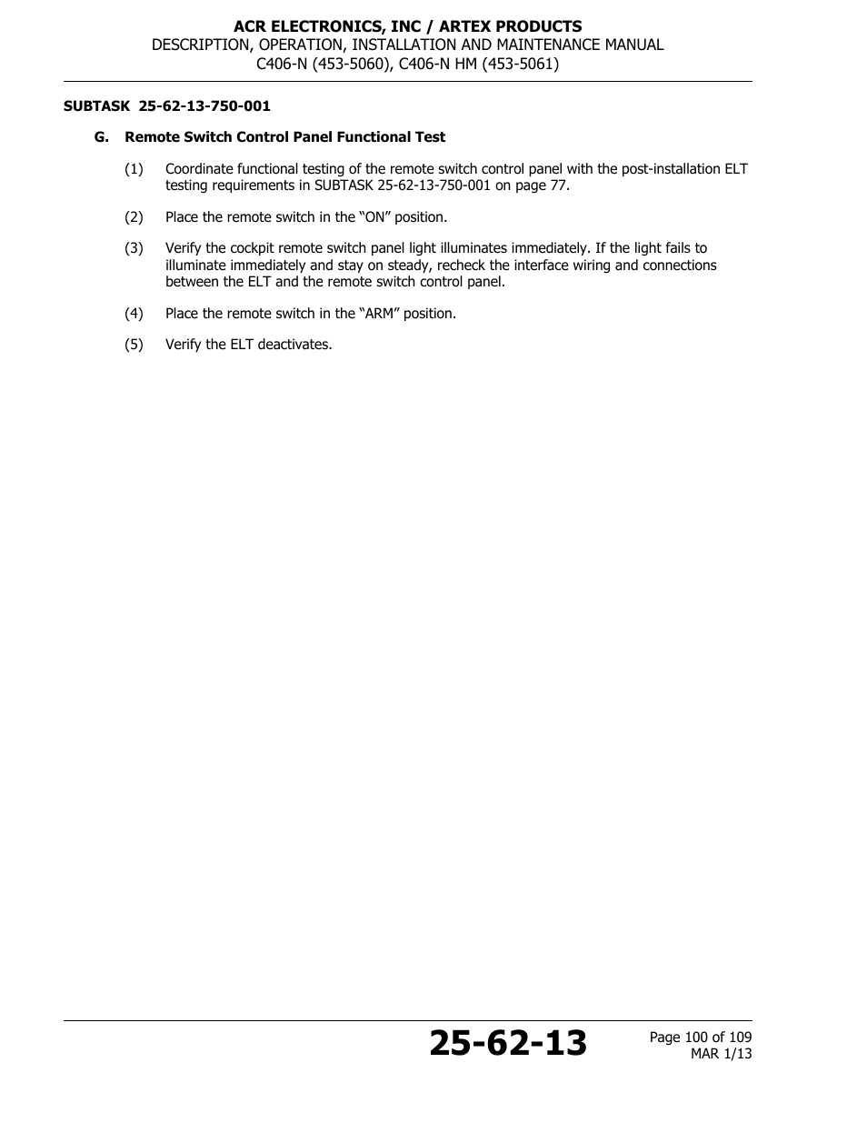 G. remote switch control panel functional test | ACR&Artex C406-N User Manual | Page 100 / 109