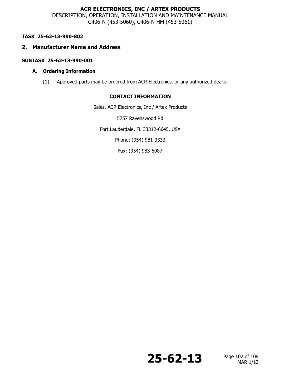 Manufacturer name and address, A. ordering information | ACR&Artex C406-N User Manual | Page 102 / 109