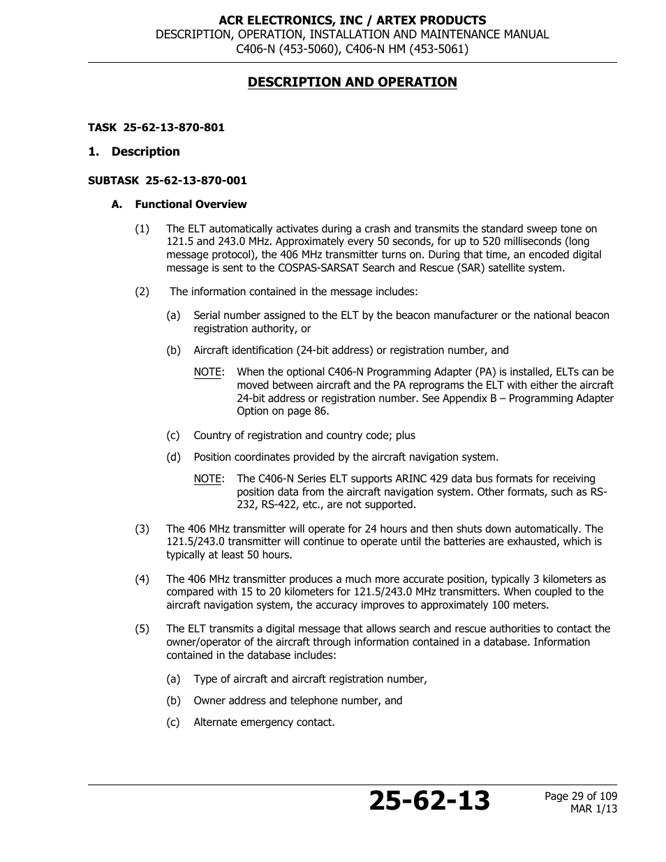 Description and operation, Description, A. functional overview | ACR&Artex C406-N User Manual | Page 29 / 109