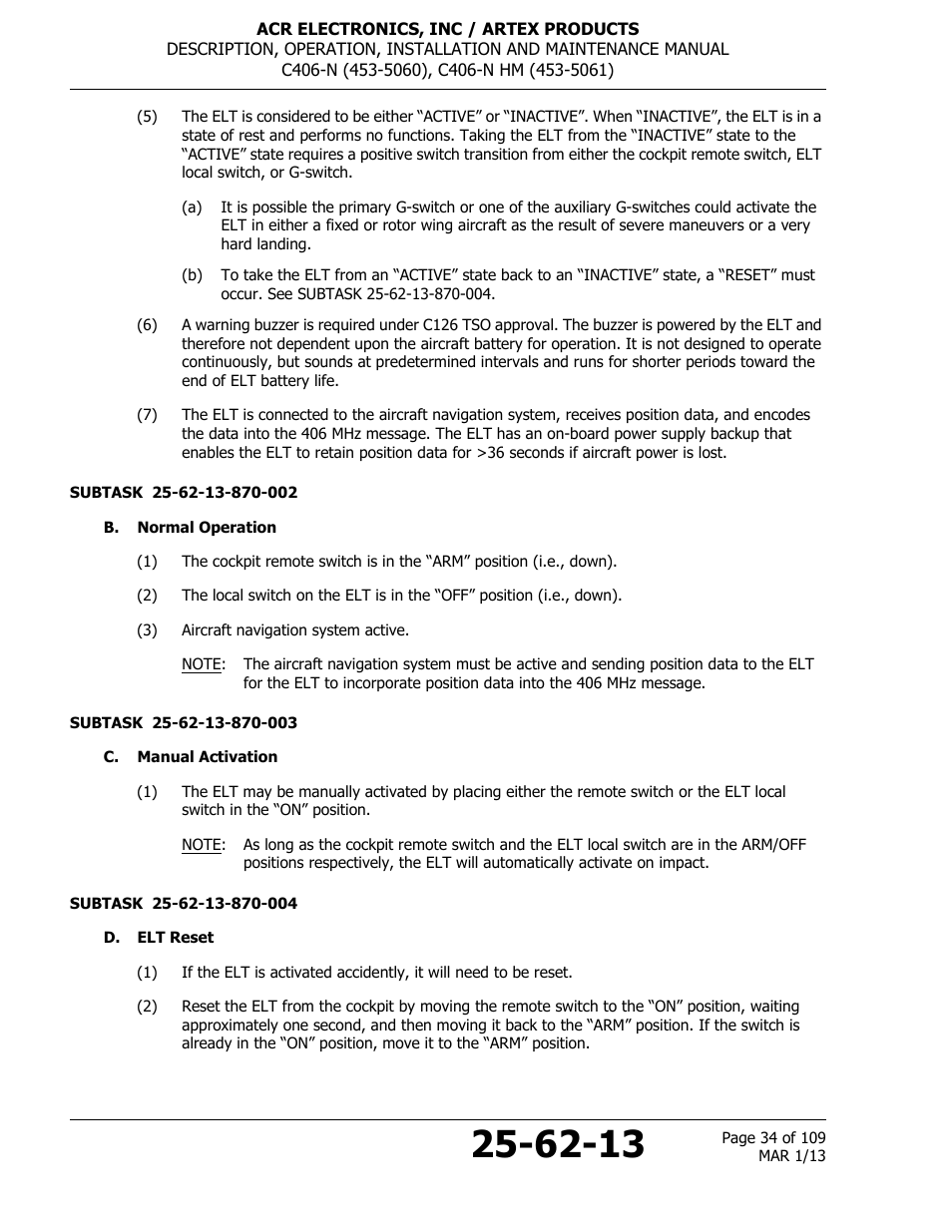 B. normal operation, C. manual activation, D. elt reset | ACR&Artex C406-N User Manual | Page 34 / 109