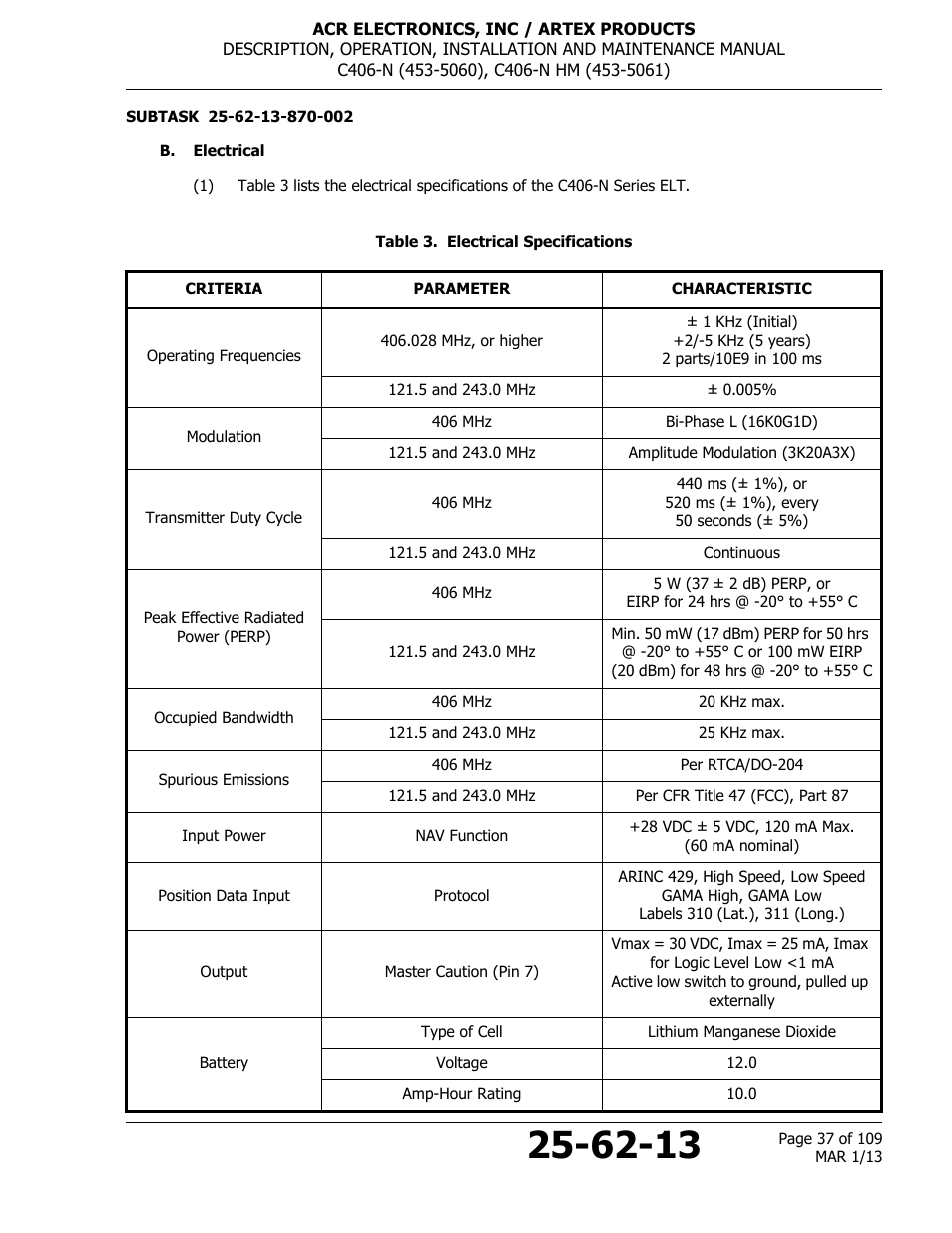 B. electrical, Table 3. electrical specifications | ACR&Artex C406-N User Manual | Page 37 / 109