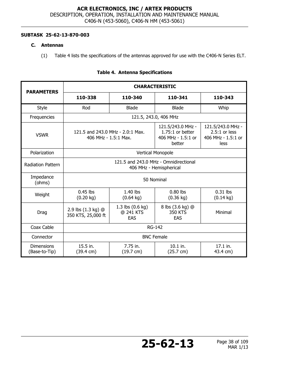 C. antennas, Table 4. antenna specifications | ACR&Artex C406-N User Manual | Page 38 / 109