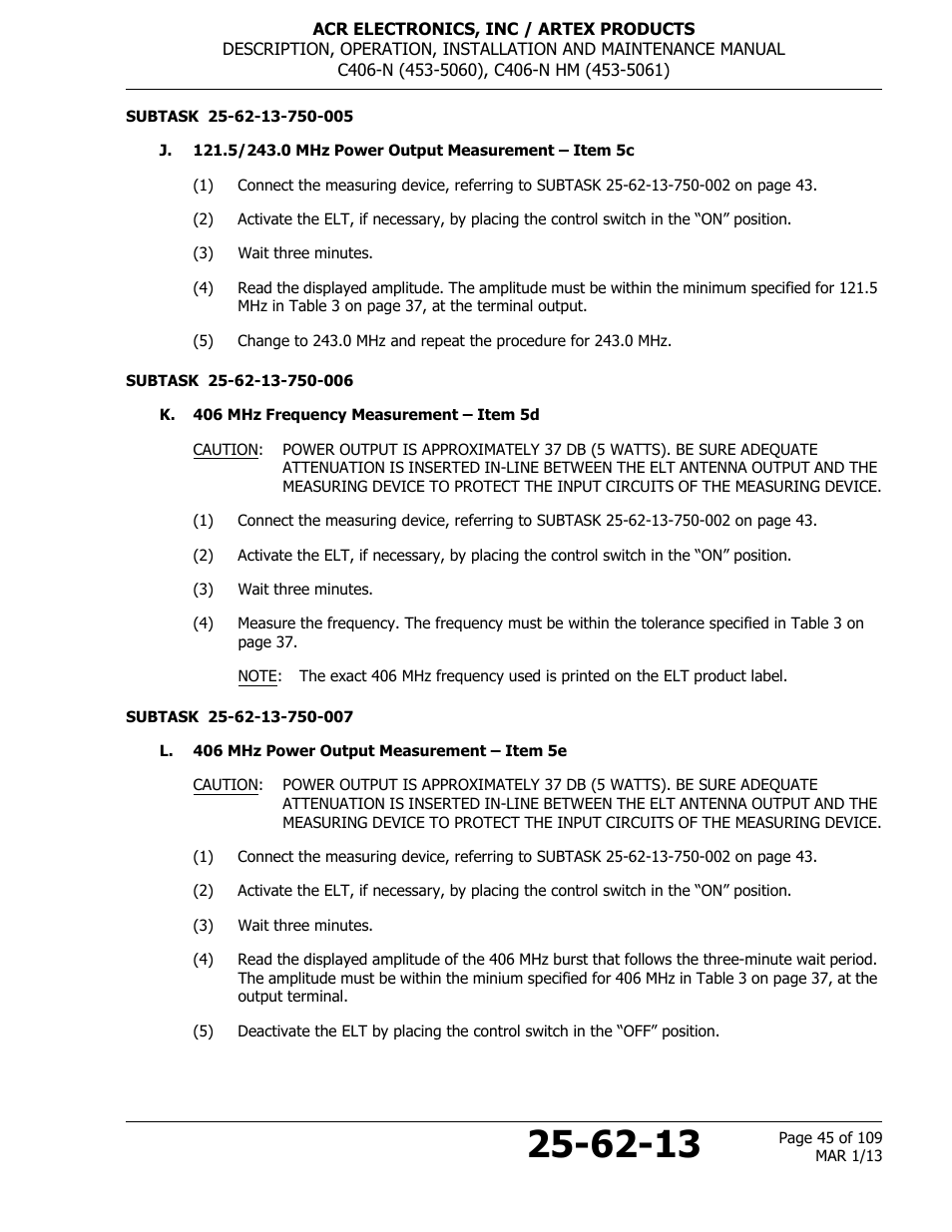 K. 406 mhz frequency measurement – item 5d, L. 406 mhz power output measurement – item 5e | ACR&Artex C406-N User Manual | Page 45 / 109