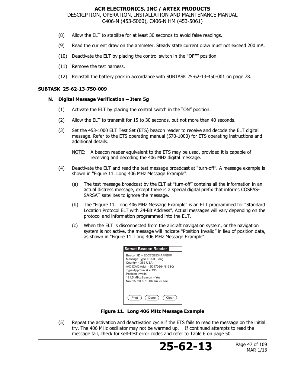 N. digital message verification – item 5g, Figure 11. long 406 mhz message example | ACR&Artex C406-N User Manual | Page 47 / 109