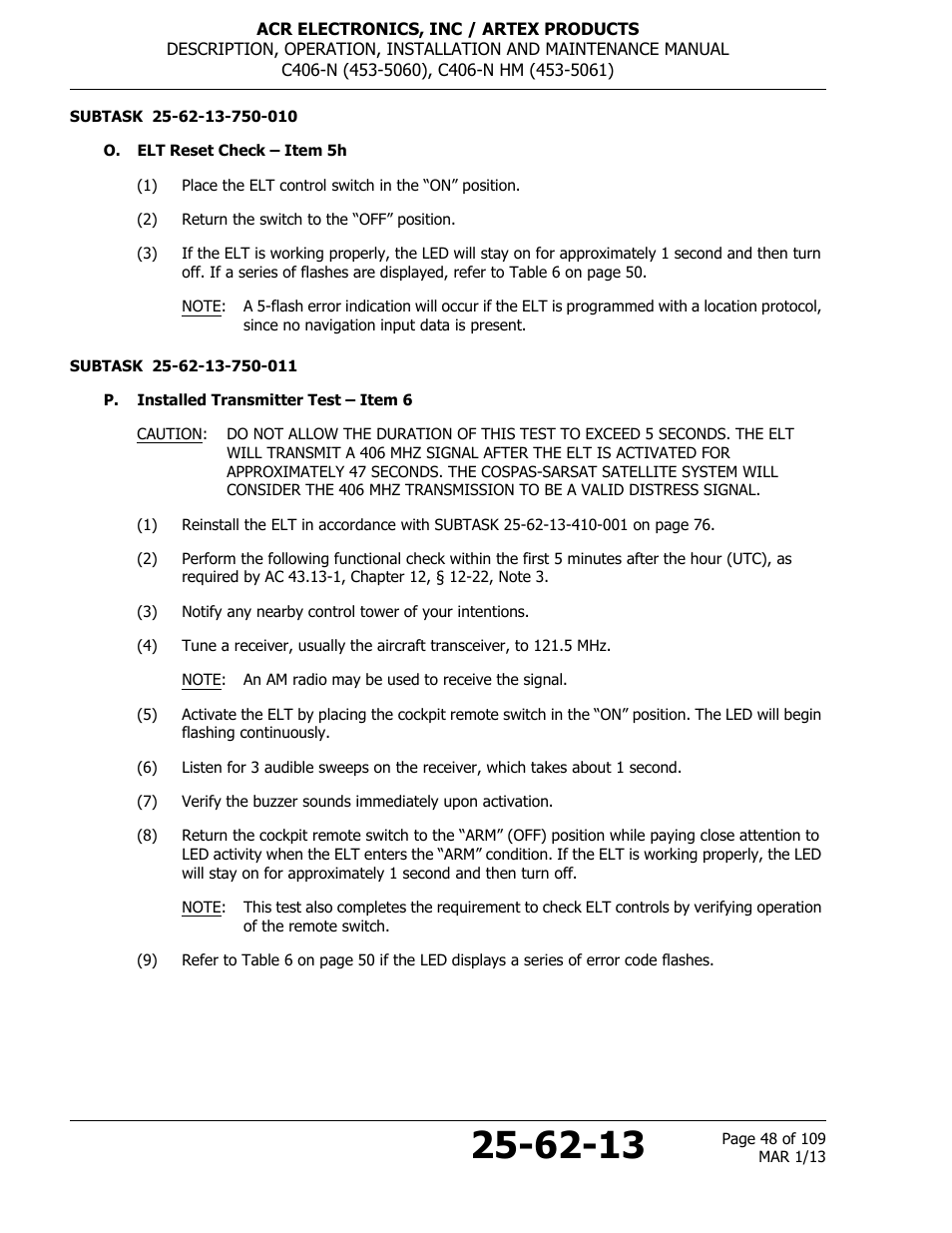 O. elt reset check – item 5h, P. installed transmitter test – item 6 | ACR&Artex C406-N User Manual | Page 48 / 109