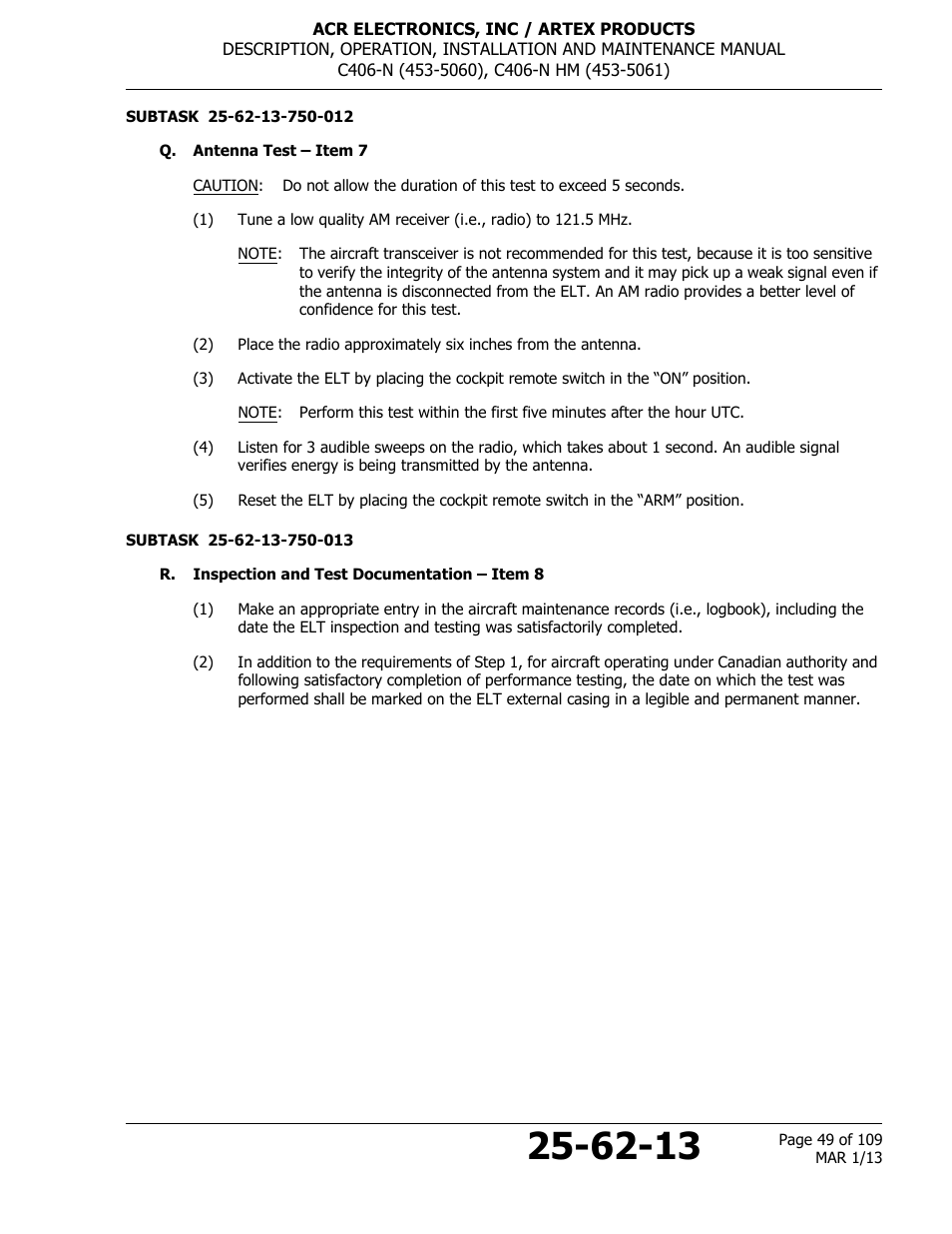 Q. antenna test – item 7, R. inspection and test documentation – item 8 | ACR&Artex C406-N User Manual | Page 49 / 109