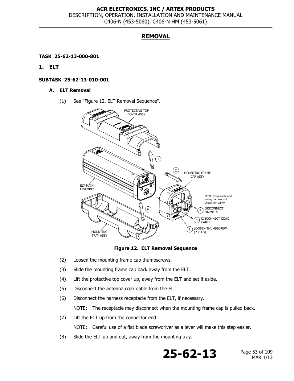 Removal, A. elt removal, Figure 12. elt removal sequence | ACR&Artex C406-N User Manual | Page 53 / 109