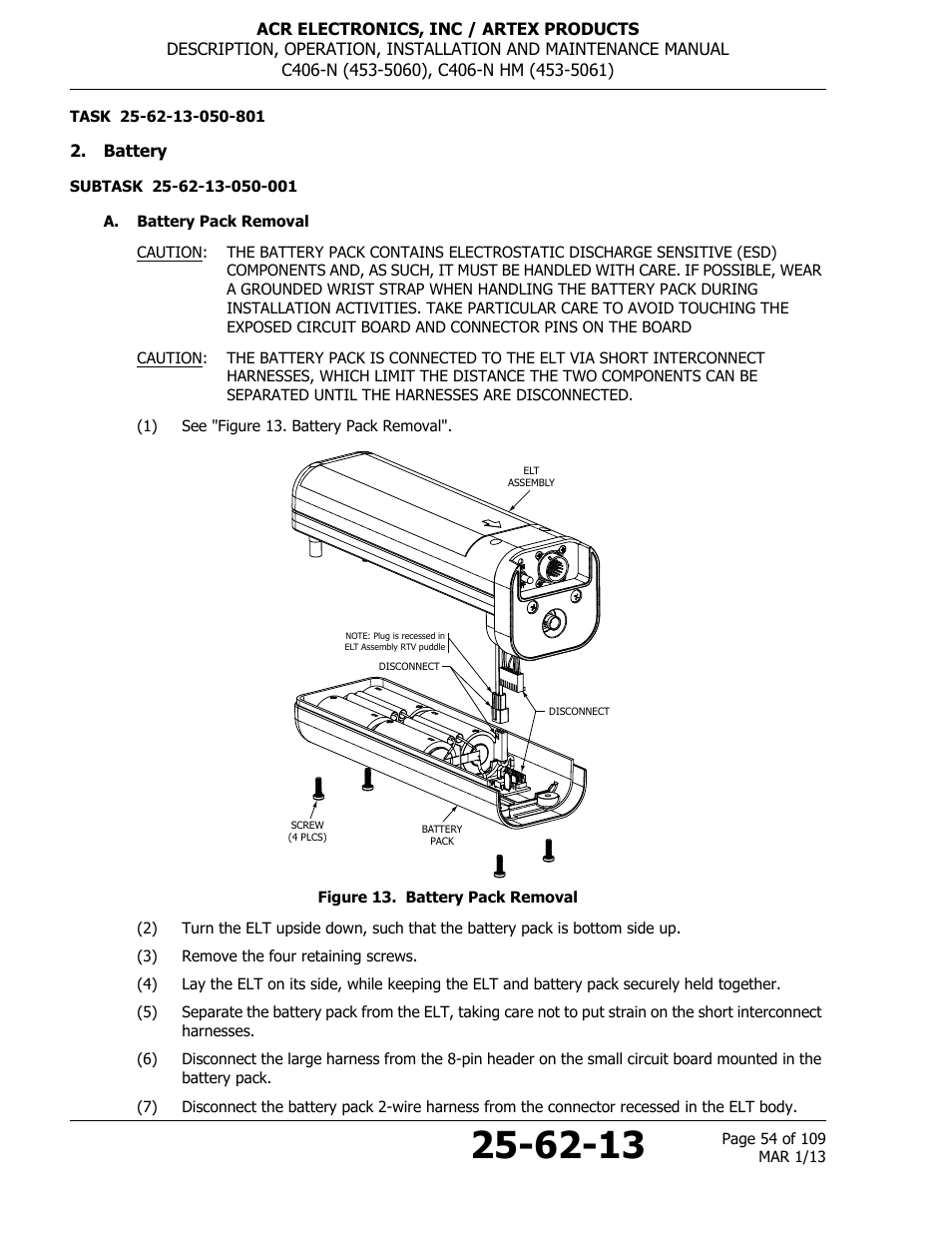 Battery, A. battery pack removal, Figure 13. battery pack removal | ACR&Artex C406-N User Manual | Page 54 / 109