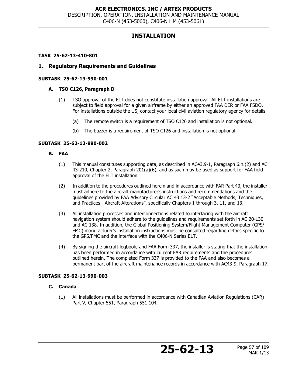 Installation, Regulatory requirements and guidelines, A. tso c126, paragraph d | B. faa, C. canada | ACR&Artex C406-N User Manual | Page 57 / 109