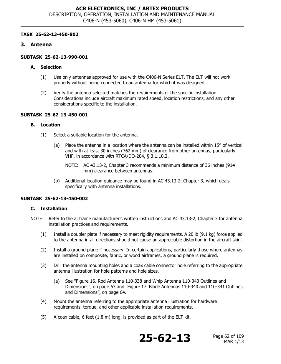 Antenna, A. selection, B. location | C. installation | ACR&Artex C406-N User Manual | Page 62 / 109