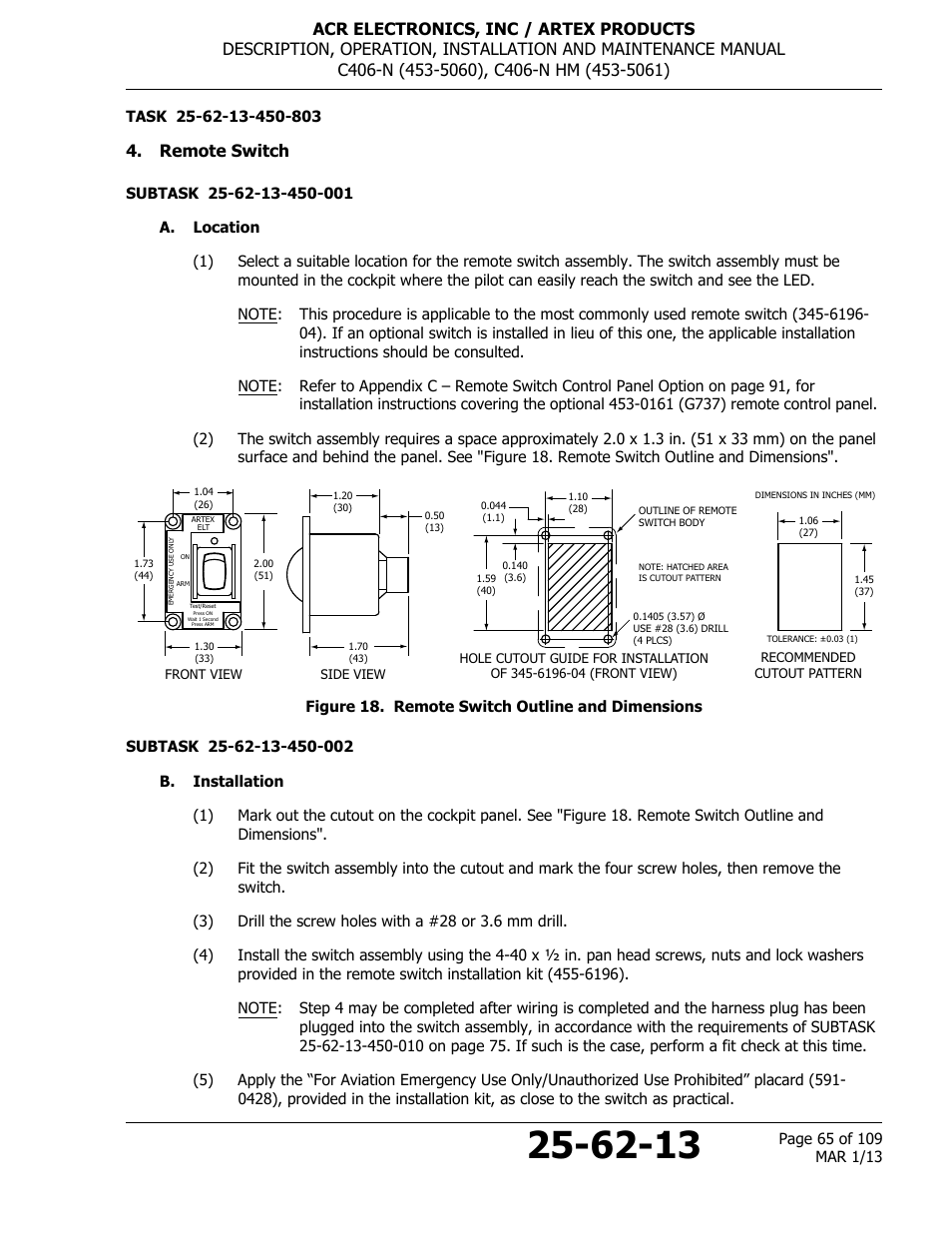Remote switch, A. location, Figure 18. remote switch outline and dimensions | B. installation | ACR&Artex C406-N User Manual | Page 65 / 109