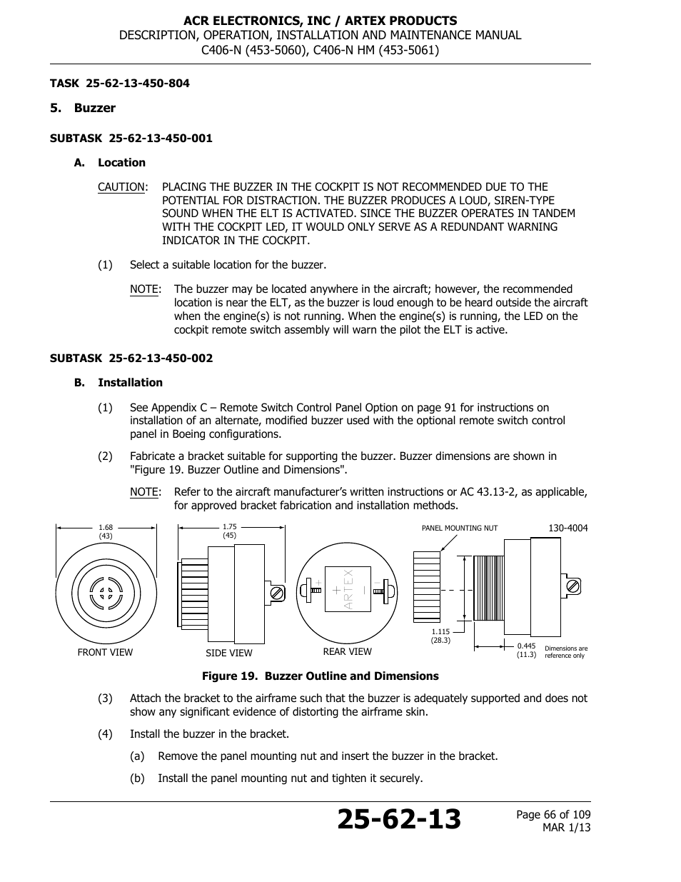 Buzzer, A. location, B. installation | Figure 19. buzzer outline and dimensions | ACR&Artex C406-N User Manual | Page 66 / 109