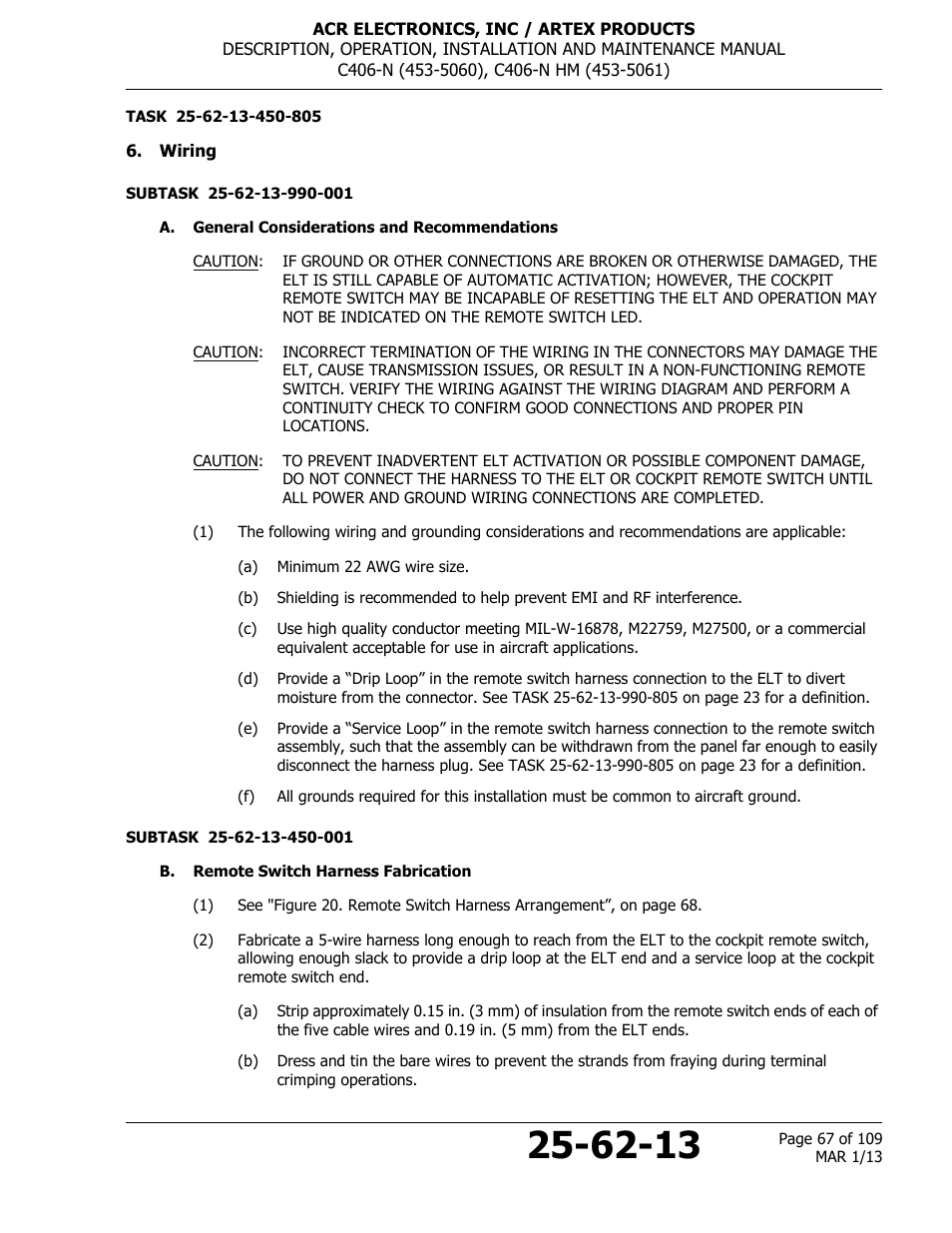 Wiring, A. general considerations and recommendations, B. remote switch harness fabrication | ACR&Artex C406-N User Manual | Page 67 / 109