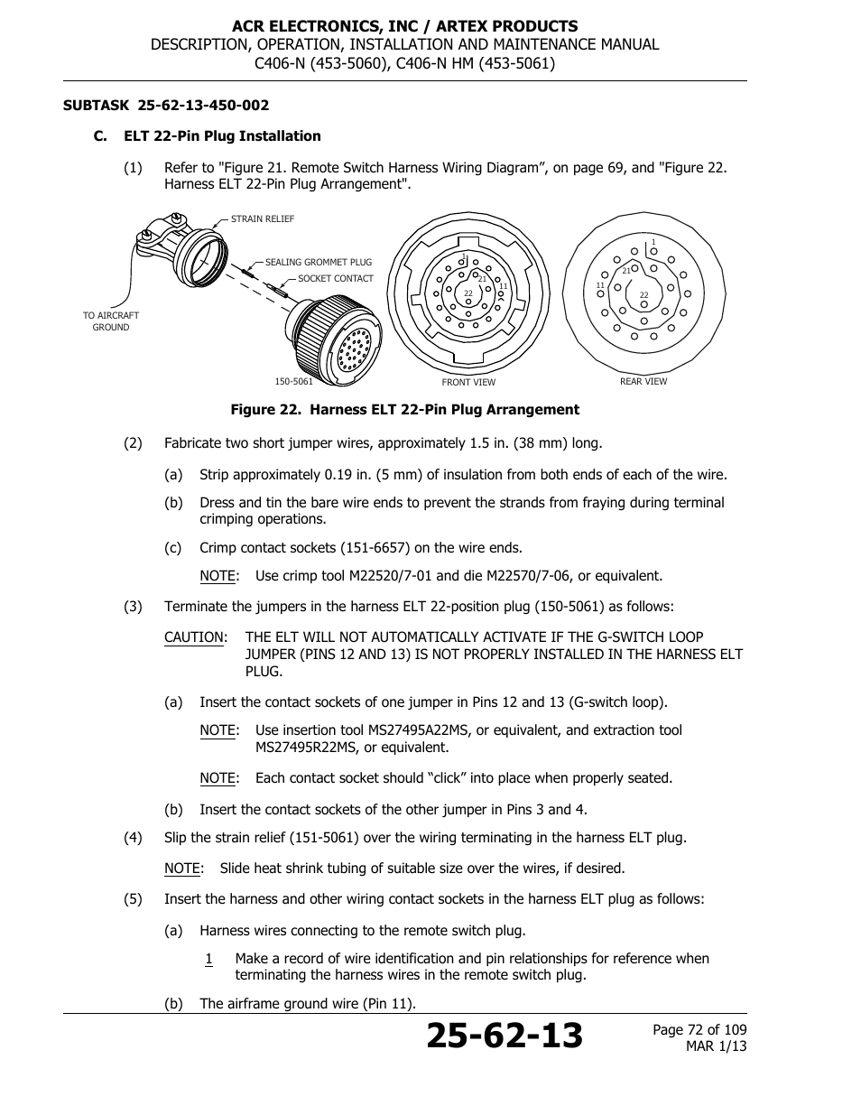 C. elt 22-pin plug installation, Figure 22. harness elt 22-pin plug arrangement | ACR&Artex C406-N User Manual | Page 72 / 109