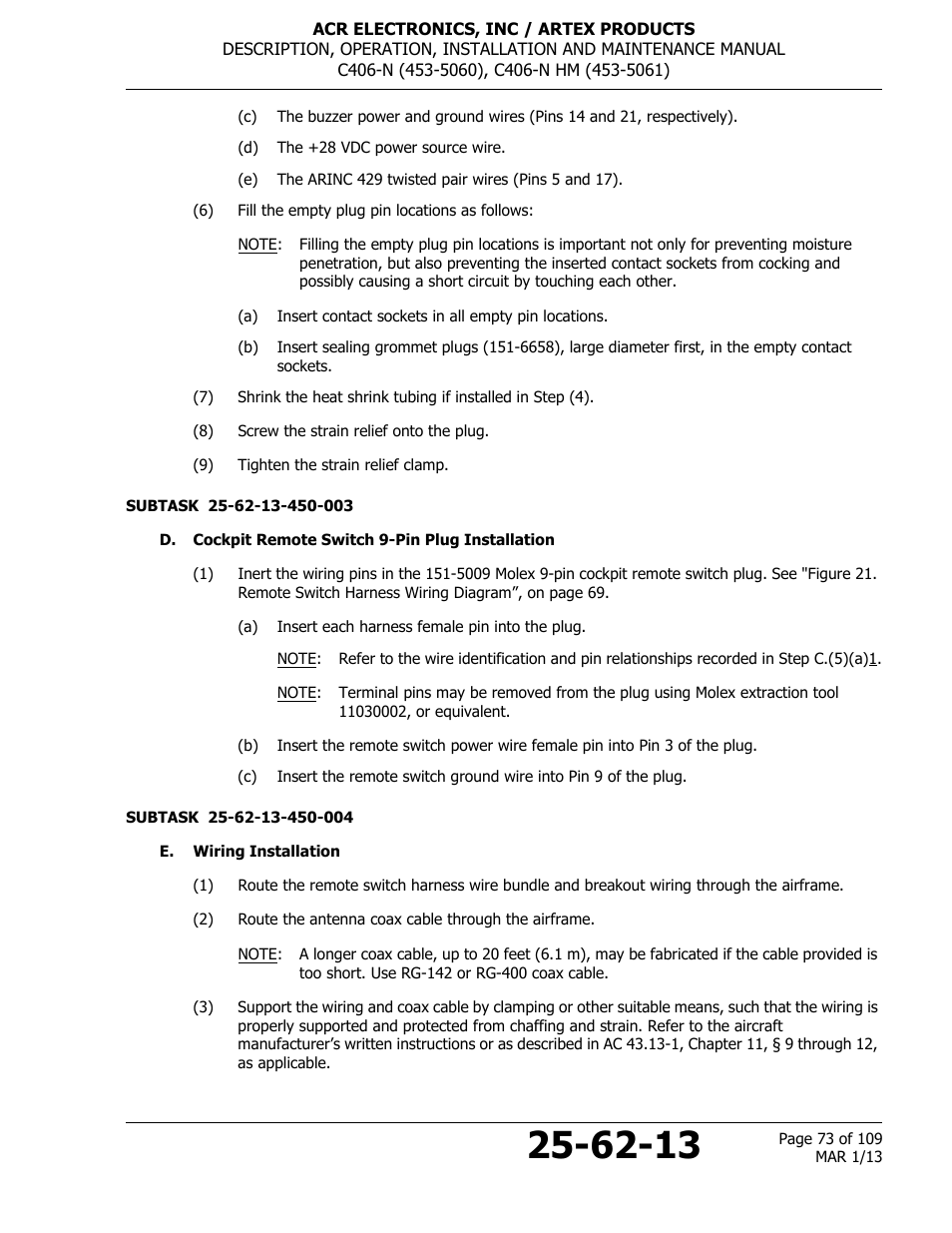 D. cockpit remote switch 9-pin plug installation, E. wiring installation | ACR&Artex C406-N User Manual | Page 73 / 109