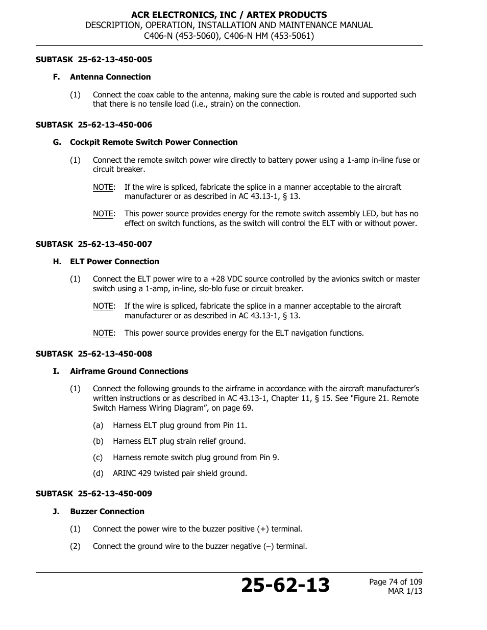 F. antenna connection, G. cockpit remote switch power connection, H. elt power connection | I. airframe ground connections, J. buzzer connection | ACR&Artex C406-N User Manual | Page 74 / 109