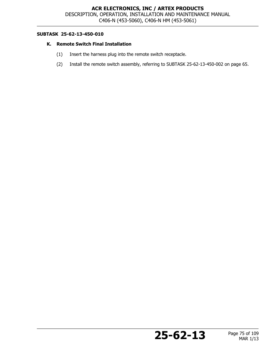 K. remote switch final installation, Of subtask | ACR&Artex C406-N User Manual | Page 75 / 109