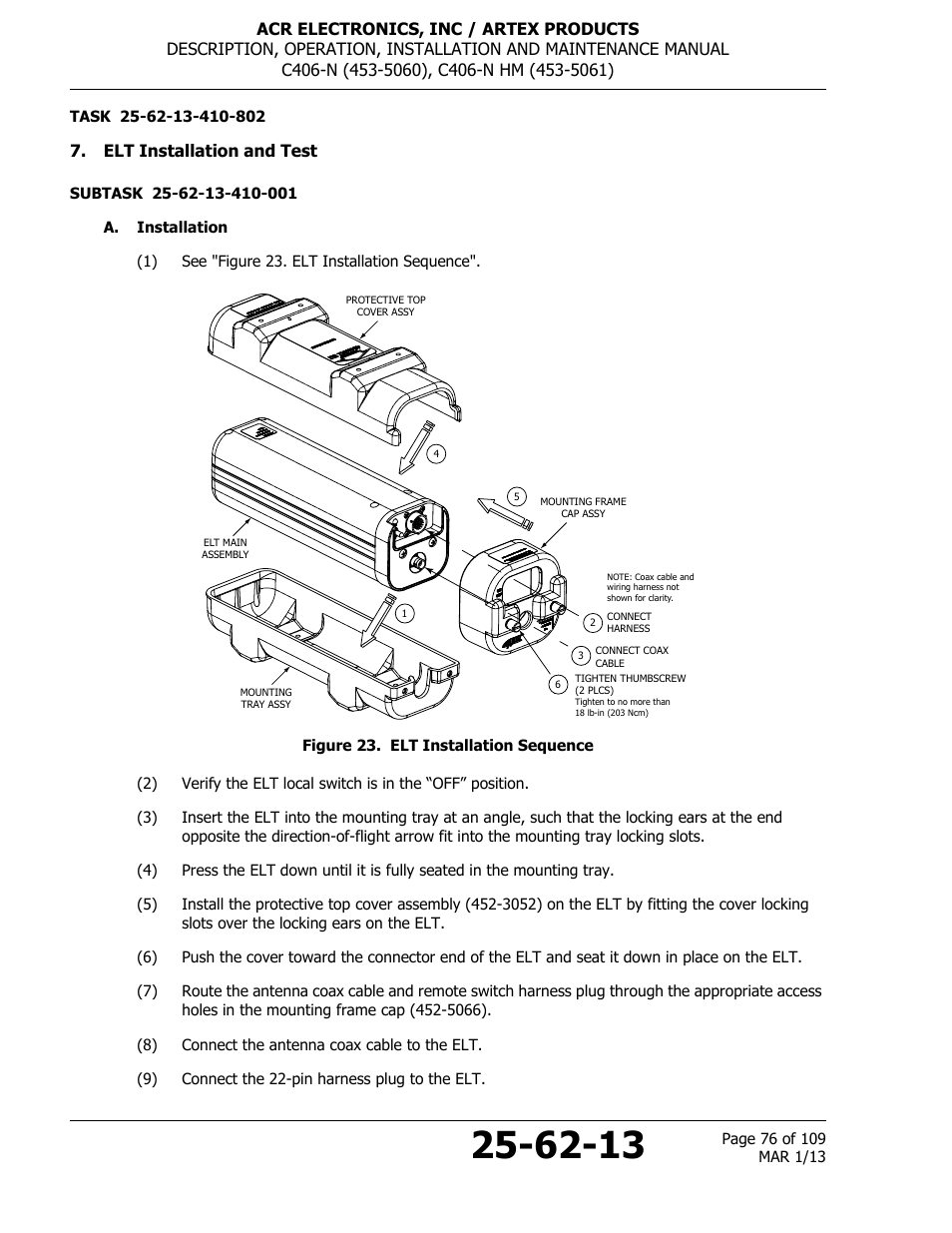 Elt installation and test, A. installation, Figure 23. elt installation sequence | ACR&Artex C406-N User Manual | Page 76 / 109