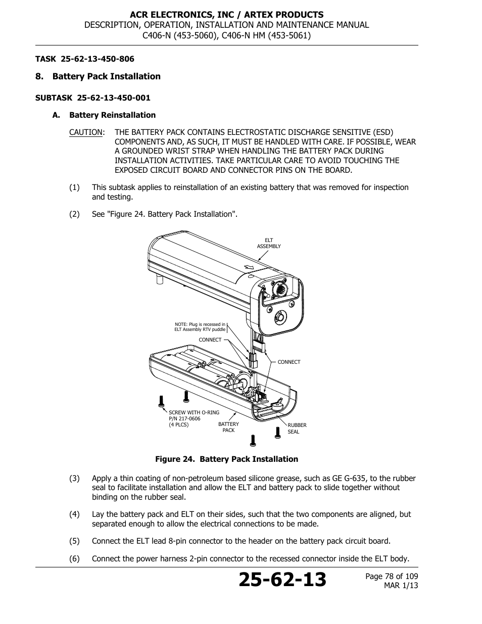 Battery pack installation, A. battery reinstallation, Figure 24. battery pack installation | ACR&Artex C406-N User Manual | Page 78 / 109