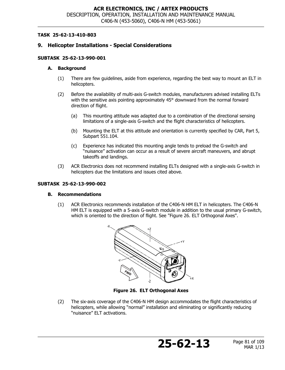 Helicopter installations - special considerations, A. background, B. recommendations | Figure 26. elt orthogonal axes | ACR&Artex C406-N User Manual | Page 81 / 109