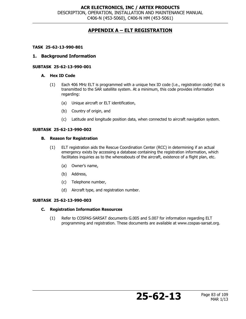 Appendix a – elt registration, Background information, A. hex id code | B. reason for registration, C. registration information resources | ACR&Artex C406-N User Manual | Page 83 / 109