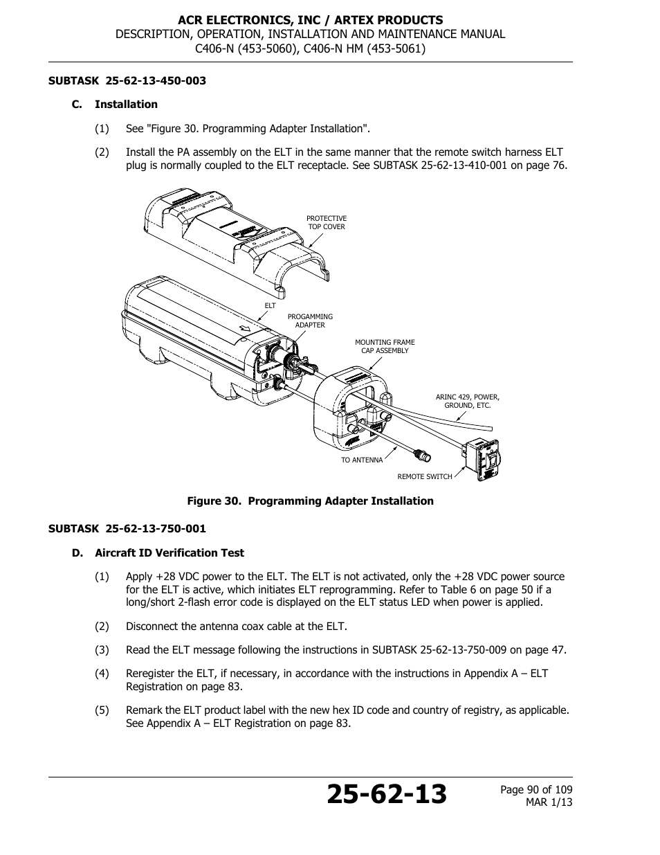 C. installation, Figure 30. programming adapter installation, D. aircraft id verification test | ACR&Artex C406-N User Manual | Page 90 / 109
